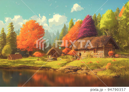 3D render digital painting of cabin near a river in the redwood forest 94790357