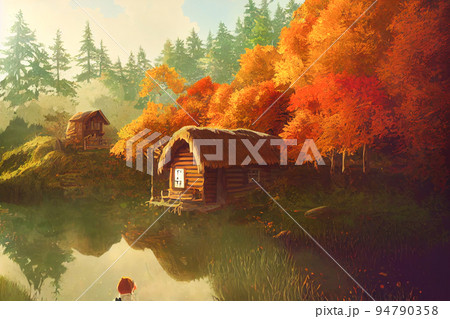 3D render digital painting of cabin near a river in the redwood forest 94790358
