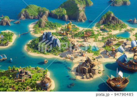 3D Render of Caribbean pirate archipelago in isometric perspective. 94790485