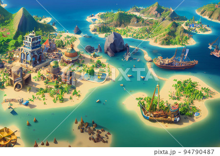 3D Render of Caribbean pirate archipelago in isometric perspective. 94790487