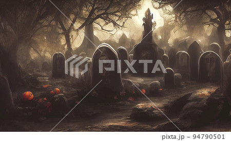 3D Render of Graveyard Cemetery In Spooky Dark Night for halloween concept 94790501
