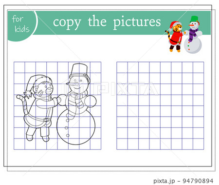 Copy the picture, educational games for children, cartoon tiger sculpts a snowman. vector isolated on a white background 94790894