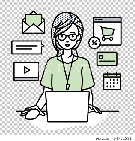 A female teacher sitting at a desk and doing an online shop or marketing job on a PC A female teacher sitting at a desk and doing an online shop or marketing job on a PC 94791551