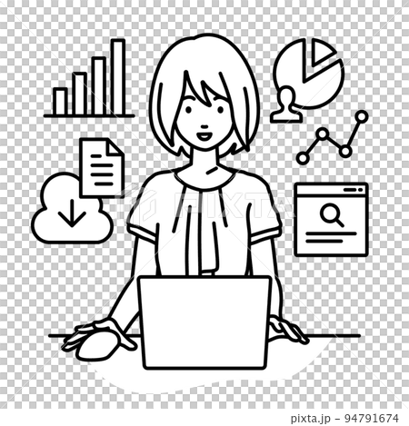 一位休閒的辦公室女性在辦公桌前的電腦前做研究、數據分析和寫報告 一位休閒的辦公室女性在辦公桌前的電腦前做研究、數據分析和寫報告 94791674