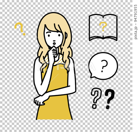 立って手をあごにあてて疑問を感じているドレスの女性 クエスチョンマークのセット 94791955
