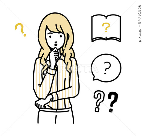 立って手をあごにあてて疑問を感じているブラウスの女性 クエスチョンマークのセット 94791956