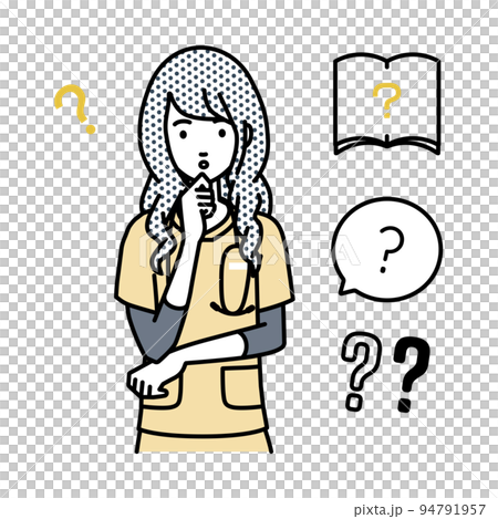 立って手をあごにあてて疑問を感じている看護師の女性 クエスチョンマークのセット 94791957