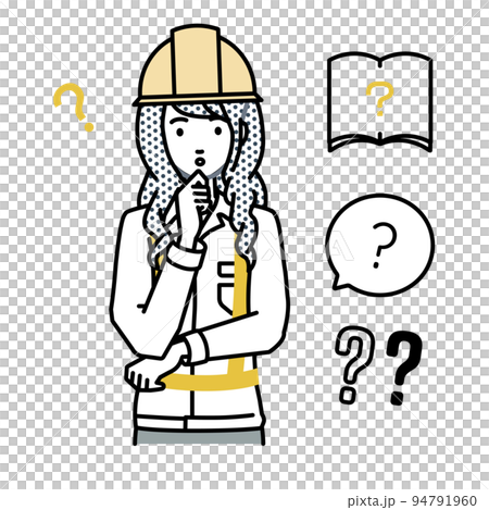 一組問號，給建築工地的一名婦女站著，雙手放在下巴上感到懷疑 94791960