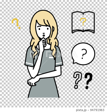 立って手をあごにあてて疑問を感じているエステ店員・受付・接客係の女性 クエスチョンマークのセット 94791963