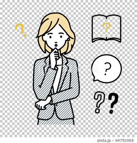 A set of question marks for a woman in a suit who stands and puts her hands on her chin and feels doubts 94792068