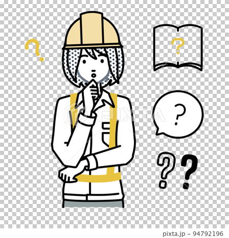 A set of question marks for a woman at a construction site standing and feeling doubts with her hands on her chin A set of question marks for a woman at a construction site standing and feeling doubts with her hands on her chin 94792196