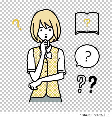 A set of question marks for a woman in a clerk uniform who is standing and feeling doubts with her hands on her chin A set of question marks for a woman in a clerk uniform who is standing and feeling doubts with her hands on her chin 94792198