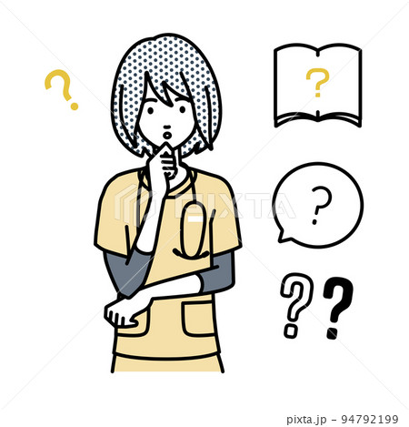 立って手をあごにあてて疑問を感じている看護師の女性 クエスチョンマークのセット 立って手をあごにあてて疑問を感じている看護師の女性 クエスチョンマークのセット 94792199