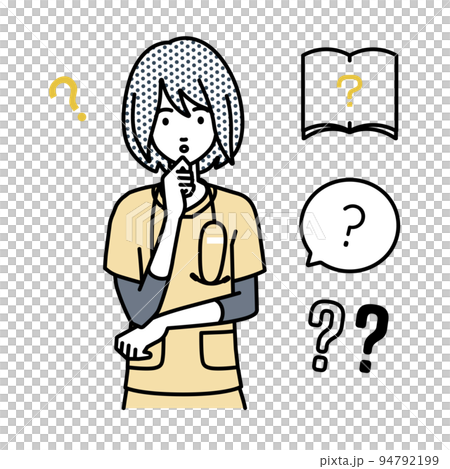 A set of question marks of a nurse woman standing and feeling doubts with her hands on her chin A set of question marks of a nurse woman standing and feeling doubts with her hands on her chin 94792199