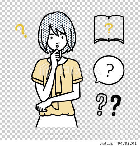 立って手をあごにあてて疑問を感じているオフィスカジュアルの女性 クエスチョンマークのセット 94792201