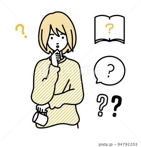 立って手をあごにあてて疑問を感じているリモートワークの女性 クエスチョンマークのセット 94792203