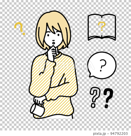 立って手をあごにあてて疑問を感じているリモートワークの女性 クエスチョンマークのセット 94792203