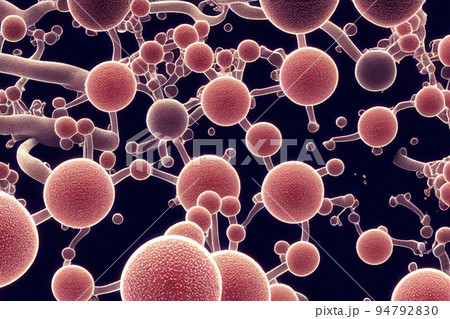 Bacteria background. Pathogenic cells over dark surface. Microscopic molecules of virus infection under magnification. Nucleus membrane. Genetics and mutation. Microbiology and virology concept Bacteria background. Pathogenic cells over dark surface. Microscopic molecules of virus infection under magnification. Nucleus membrane. Genetics and mutation. Microbiology and virology concept 94792830