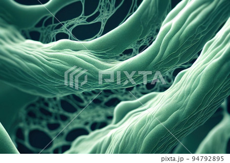 Bacteria fibers under microscope. Cell structure of virus microorganism. Moss web, fabric skin, microflora of mushroom sponge or microworld biomaterial. Green abstract background 94792895