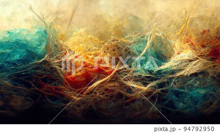 Fractal decorative colorful abstract background. Threads and hairs explosion effect. Rainbow curved lines and waves texture with gradient color. Textured digital paper, wallpaper template 94792950