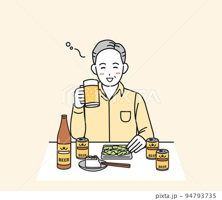 ビールを飲む中年の男性　飲酒　晩酌　飲みすぎ　酔う　イラスト 94793735