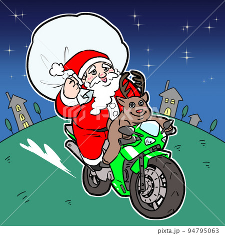 バイクで配達する愉快なサンタさんとトナカイさん 背景あり バイクで配達する愉快なサンタさんとトナカイさん 背景あり 94795063