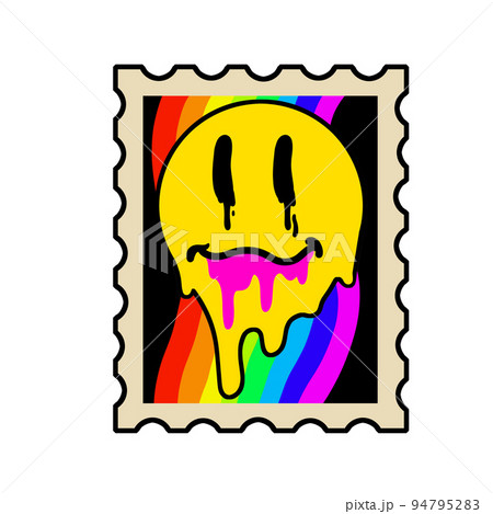 Acid postage stamp with yellow smile face - Stock Illustration