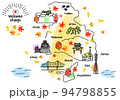 秋の兵庫県の観光地のシンプル線画イラストマップ 94798855