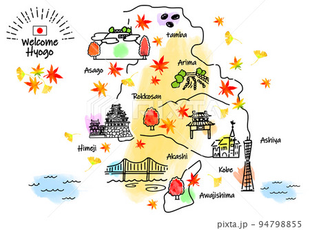 秋の兵庫県の観光地のシンプル線画イラストマップのイラスト素材