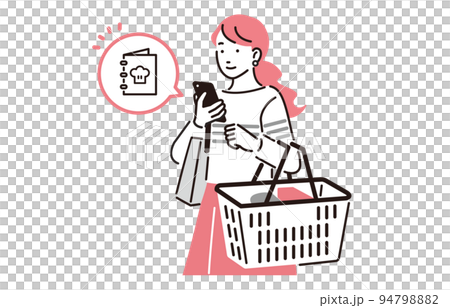 A woman shopping while searching for a recipe on her smartphone A woman shopping while searching for a recipe on her smartphone 94798882