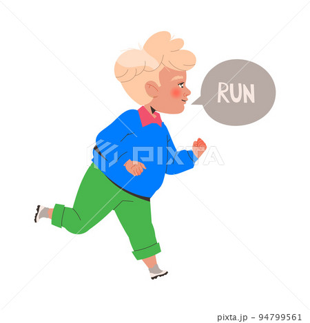 Little Blond Boy Running Forward Learning English Word Vector Illustration 94799561