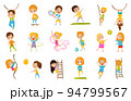 Little Kids Doing Sport Hanging Rope, Climbing Ladder, Playing Ball, Yoga and Gymnastics Vector Set 94799567