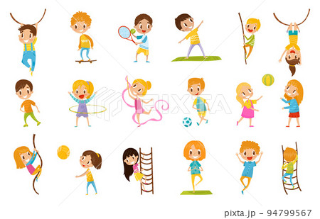Little Kids Doing Sport Hanging Rope, Climbing Ladder, Playing Ball, Yoga and Gymnastics Vector Set 94799567