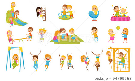Little Boy and Girl Playing in Sandpit, Climbing Ladder, Swinging on Rope and Sliding Down on Playground Vector Set 94799568