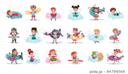 Playful Kids Flying in Handcrafted Plane and Sitting on Soft Fluffy Clouds Big Vector Set 94799569