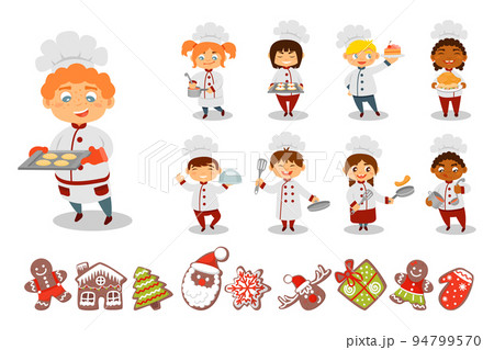 Kids Chef in Toque Cooking Food and Gingerbread Holiday Treat Big Vector Set 94799570
