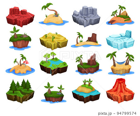 Islands for Computer Game with Desert, Forest, Tropical Beach, Ice, Mountain and Volcano Big Vector Set 94799574