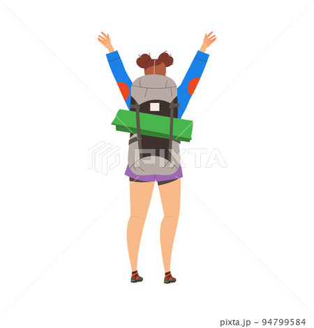 Woman Character with Backpack Standing with Raised Hands Engaged in Hiking in the Mountains Back View Vector Illustration 94799584