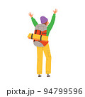 Woman Character with Backpack Standing with Raised Hands Engaged in Hiking in the Mountains Back View Vector Illustration 94799596