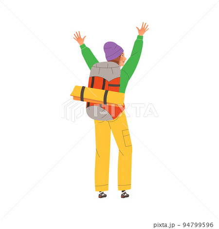 Woman Character with Backpack Standing with Raised Hands Engaged in Hiking in the Mountains Back View Vector Illustration 94799596