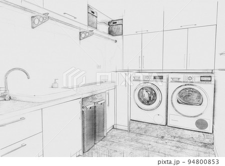 Laundry room with washing machine in modern house, hand drawn style pencil sketch Laundry room with washing machine in modern house, hand drawn style pencil sketch 94800853