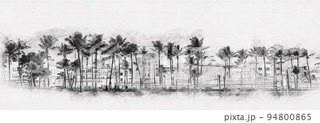 Miami Beach Ocean Drive hotels and restaurants at sunset. City skyline with palm trees at night. hand drawn style pencil sketch Miami Beach Ocean Drive hotels and restaurants at sunset. City skyline with palm trees at night. hand drawn style pencil sketch 94800865