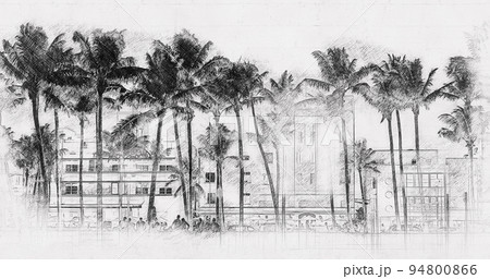 Miami Beach Ocean Drive hotels and restaurants at sunset. City skyline with palm trees at night. hand drawn style pencil sketch Miami Beach Ocean Drive hotels and restaurants at sunset. City skyline with palm trees at night. hand drawn style pencil sketch 94800866