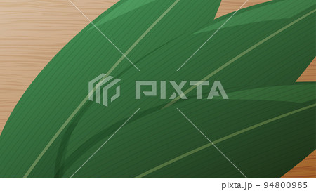 木の板に笹の葉をのせた背景イラスト_16:9 94800985