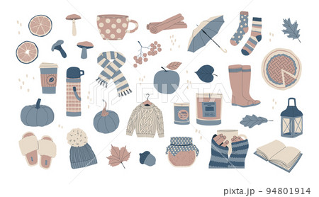 Big set of autumn design elements. A knitted sweater, a hat with a pom-pom, a jar of jam, an open umbrella and rubber boots. Vector trendy illustration. 94801914