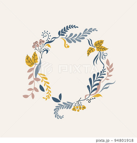 Elegant autumn wreath of leaves, twigs and clusters of rowan. Vector trendy illustration for design. 94801918