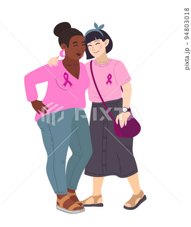 Two women diffrent nationalities. Vector illustration of breast cancer. Breast Cancer Awareness October. Silk ribbons and friendship 94803018