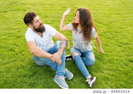 Protect female rights. Relations problem. Family crisis concept. Stop violence social movement. Self defense. Violence and aggression. Couple suffer violence. Angry hipster and pretty woman 94803414