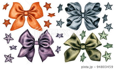 Set of bows and stars in four colors. Orange, purple, gray and green. Halloween 2022 watercolor palette colors for Christmas, birthday, party, postcard, banners. Elements isolated on white background Set of bows and stars in four colors. Orange, purple, gray and green. Halloween 2022 watercolor palette colors for Christmas, birthday, party, postcard, banners. Elements isolated on white background 94803459