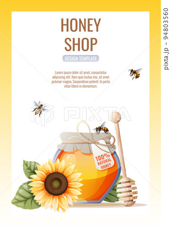 Flyer design, advertising banner with a natural useful product-honey. Honey shop, healthy and sweet products. Vector illustration of poster in a4 size for flyer, banner, postcard, poster, etc. 94803560